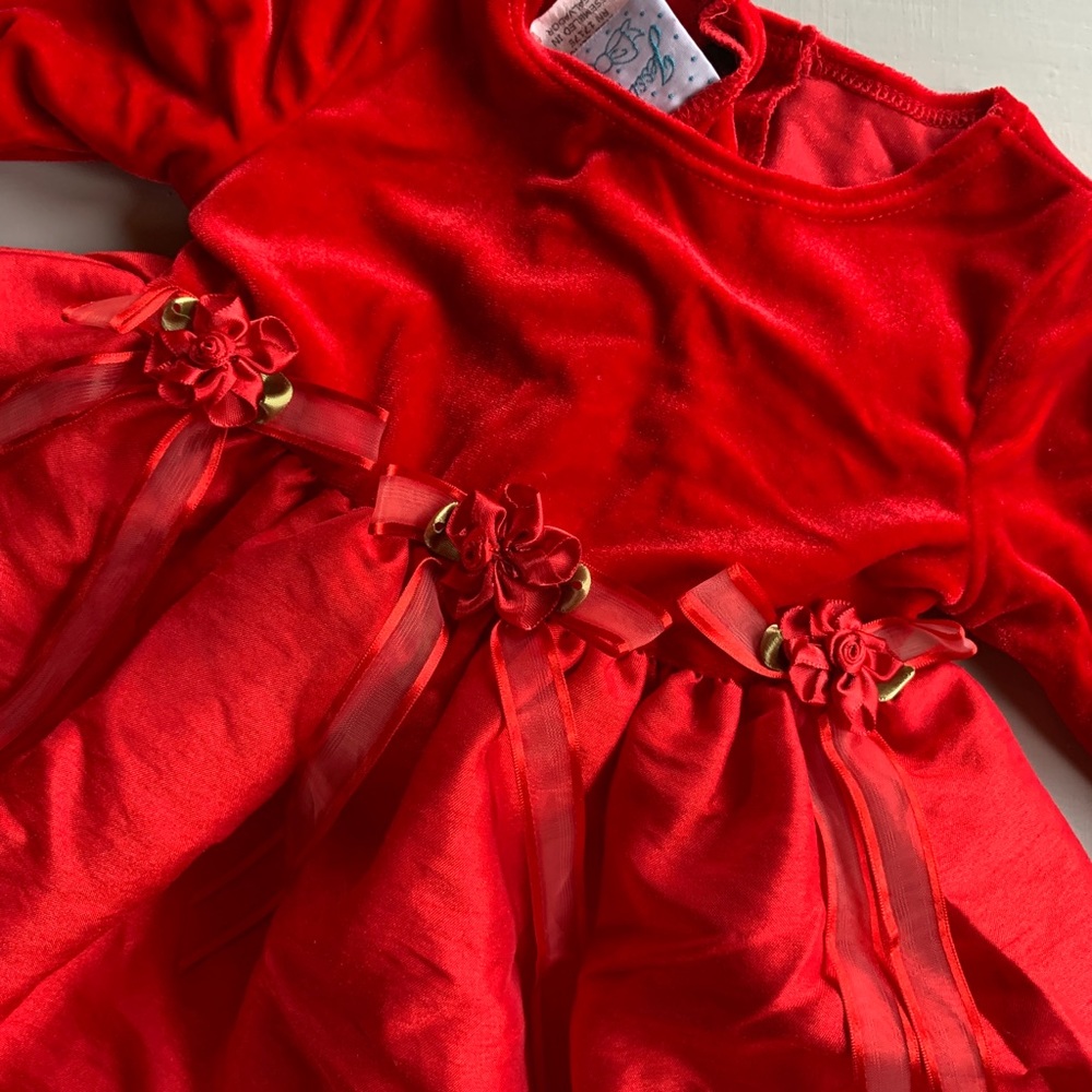 Vintage Jessica Ann Red Velour Christmas Dress Sz 12 Months Red Roses - Picture 3 of 8
